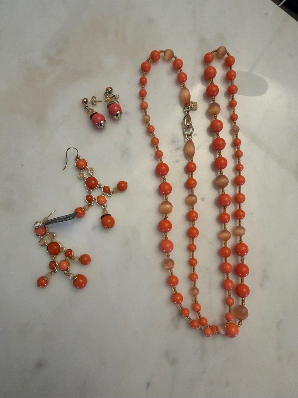 Banana Republic Orange Beaded Jewelry Set Necklace & 2 Earring